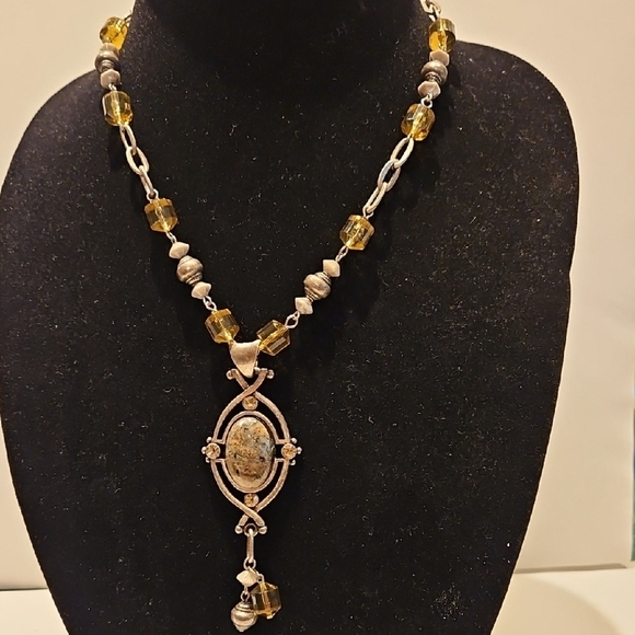 CHICO'S 20" Pewtertone and Gold Cut Crystals & Pewtertone Beaded Necklace - Picture 1 of 9